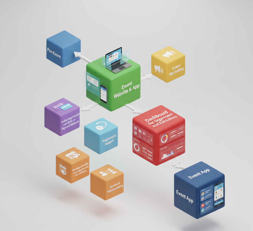 Illustration of pre-event management features like registration, marketing, and abstract handling